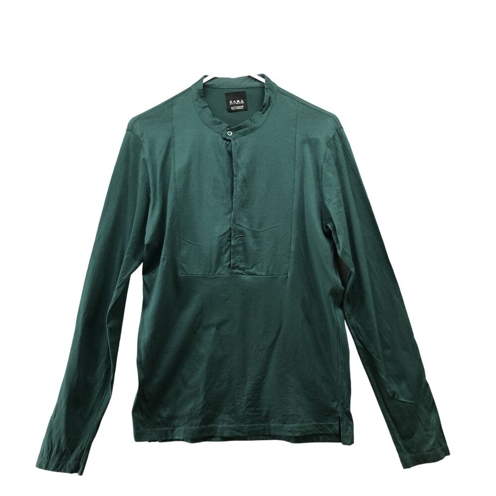 Zara‎ Stand Collar Blouse Womens M Green Long Sleeve Lightweight Split Neck